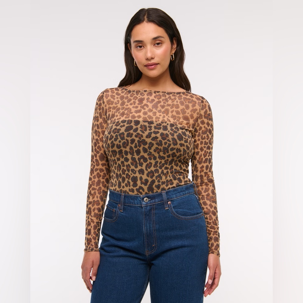 Long-Sleeve Mesh Slash Bodysuit Leopard Size XS